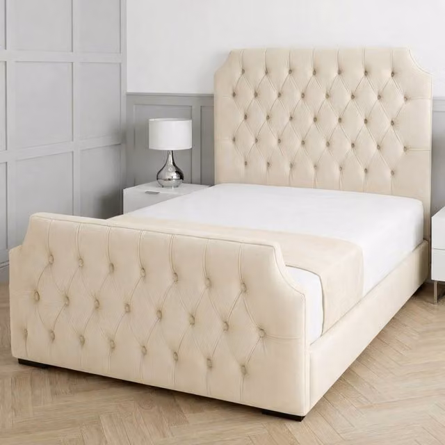 Living Comfort Bedz Westminster Plush Upholstered Single Bed with Slatted Base and 48 Inch Headboard in Beige