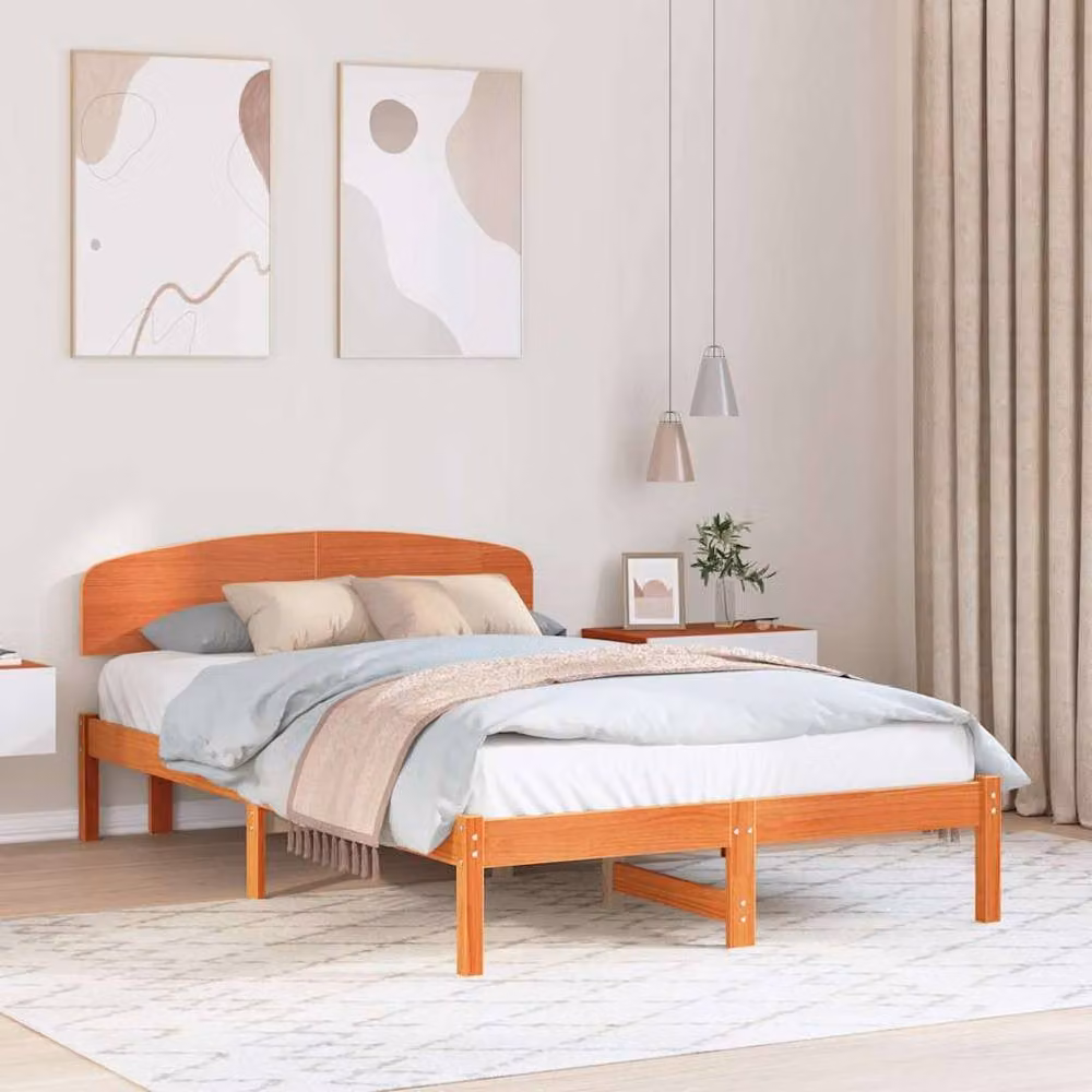 Berkfield Home Modern Solid Wood Pine Bed Frame with Headboard, Wax Brown, W/D/H: 140 x 190 x 74 cm – 2