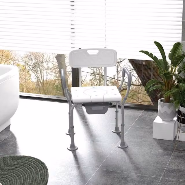 HOMCOM 3 in 1 Height Adjustable Shower Chair with Back and Arms in White – 1