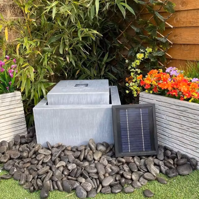 Westbury Garden Products Tranquility Zinc Cube Solar Powered Metal Water Feature, Grey, W/D/H: 40 x 40 x 30 cm