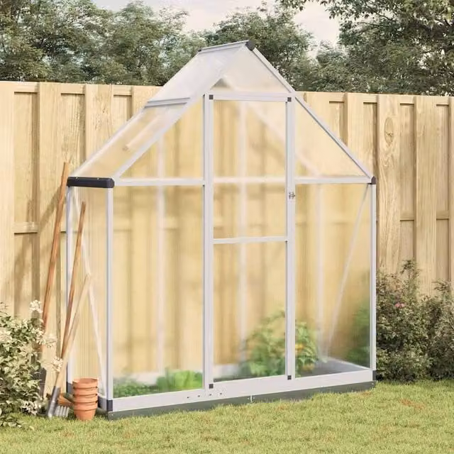 Berkfield Home Silver Aluminium Greenhouse with Base Frame and Polycarbonate Panels, W/D/H: 169 x 58 x 202 cm