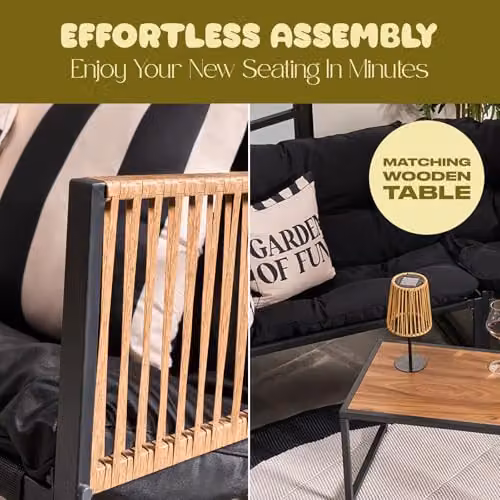 OHS Santorini 5 Seater L-Shape Corner Sofa and Coffee Table Set in Black with Upholstered Cushions – 3