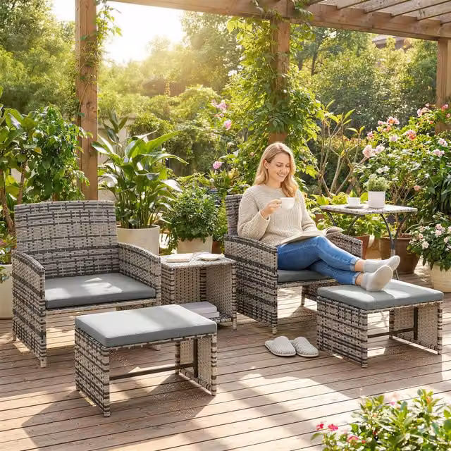 Outsunny Grey Polyrattan Garden Furniture Set with Upholstered Cushions, Lounge Armchair, Ottoman and Coffee Table