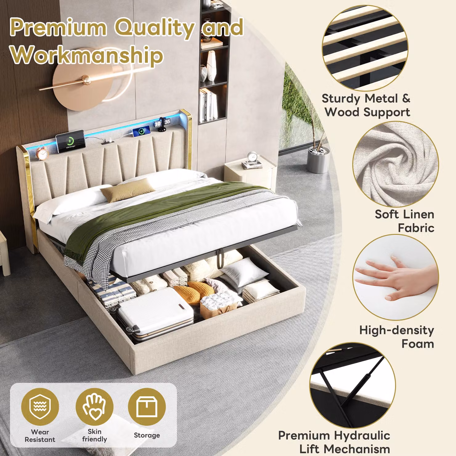 Matteo Double Upholstered Bed Frame with Hydraulic Storage, LED Headboard and USB-C Charging in Beige Linen – 5