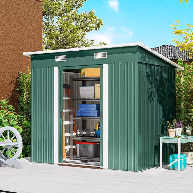 OUTSUNNY Green Steel Pent Outdoor Garden Storage Shed with Sliding Doors and Side Vent – 1