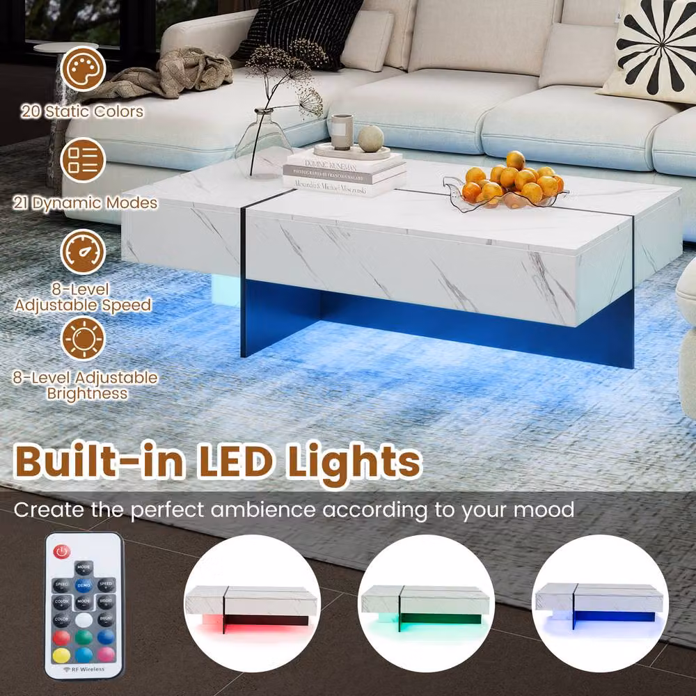 Costway Modern Rectangular LED Coffee Table with 3 Drawers in White – 2