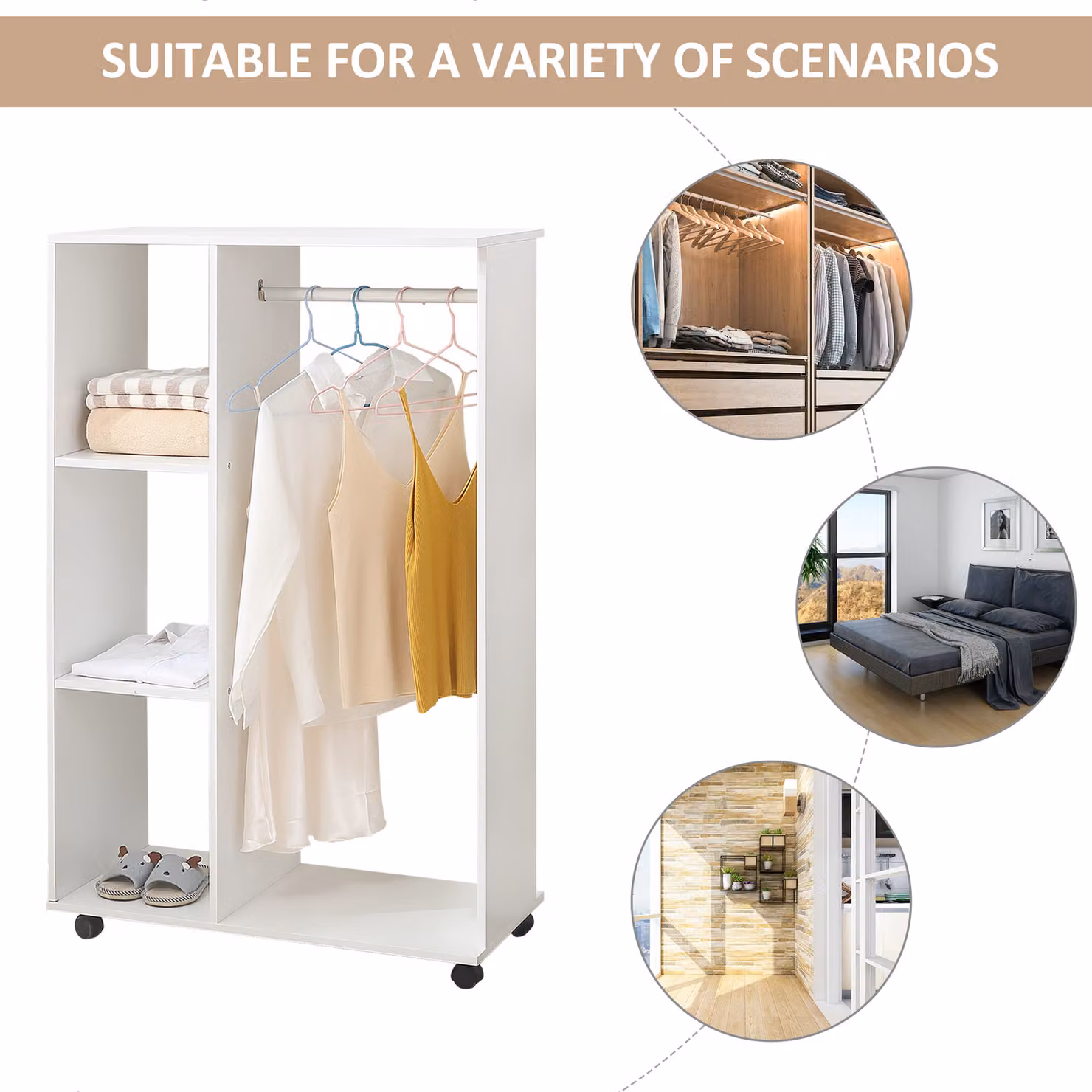 HOMCOM Modern Open Wardrobe with Hanging Rail and Internal Shelves in White – 3
