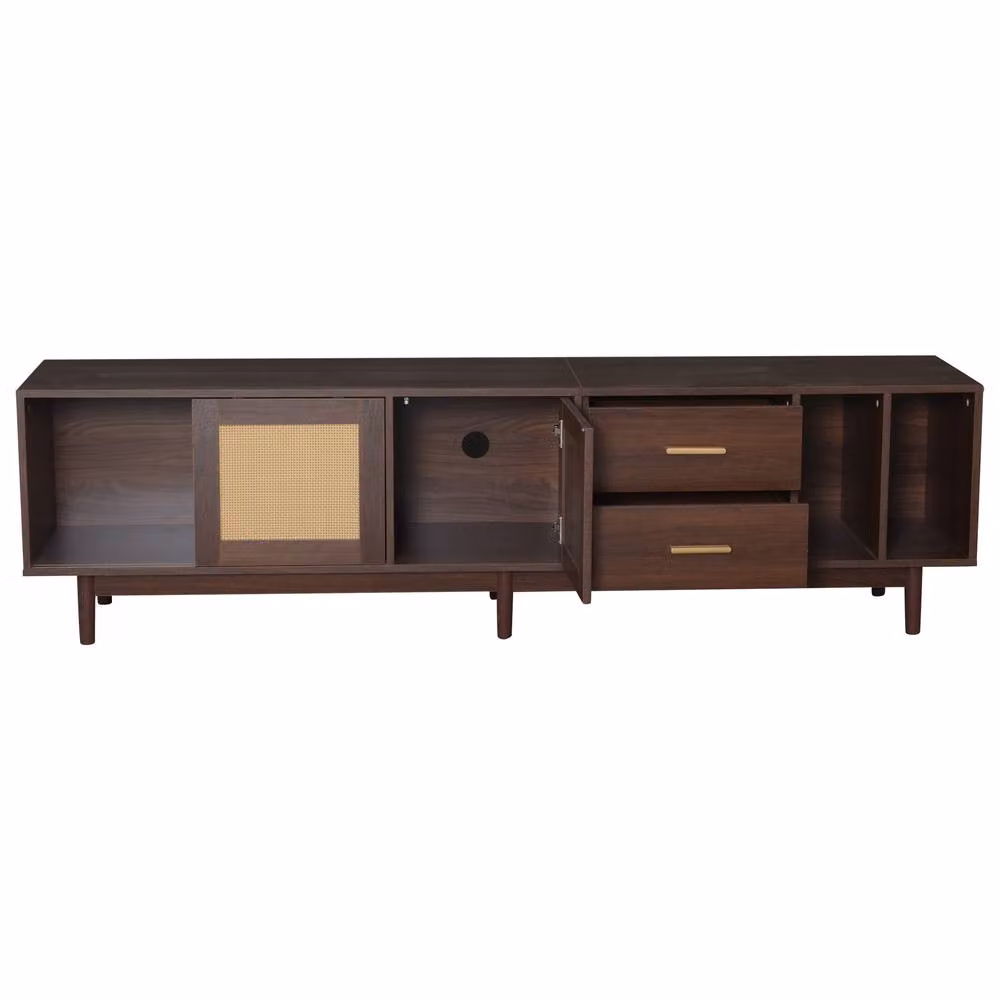 Merax Walnut TV Stand Media Unit with Rattan Sliding Doors and Drawers, Brown, W: 190 cm, D: 40 cm, H: 52 cm – 6