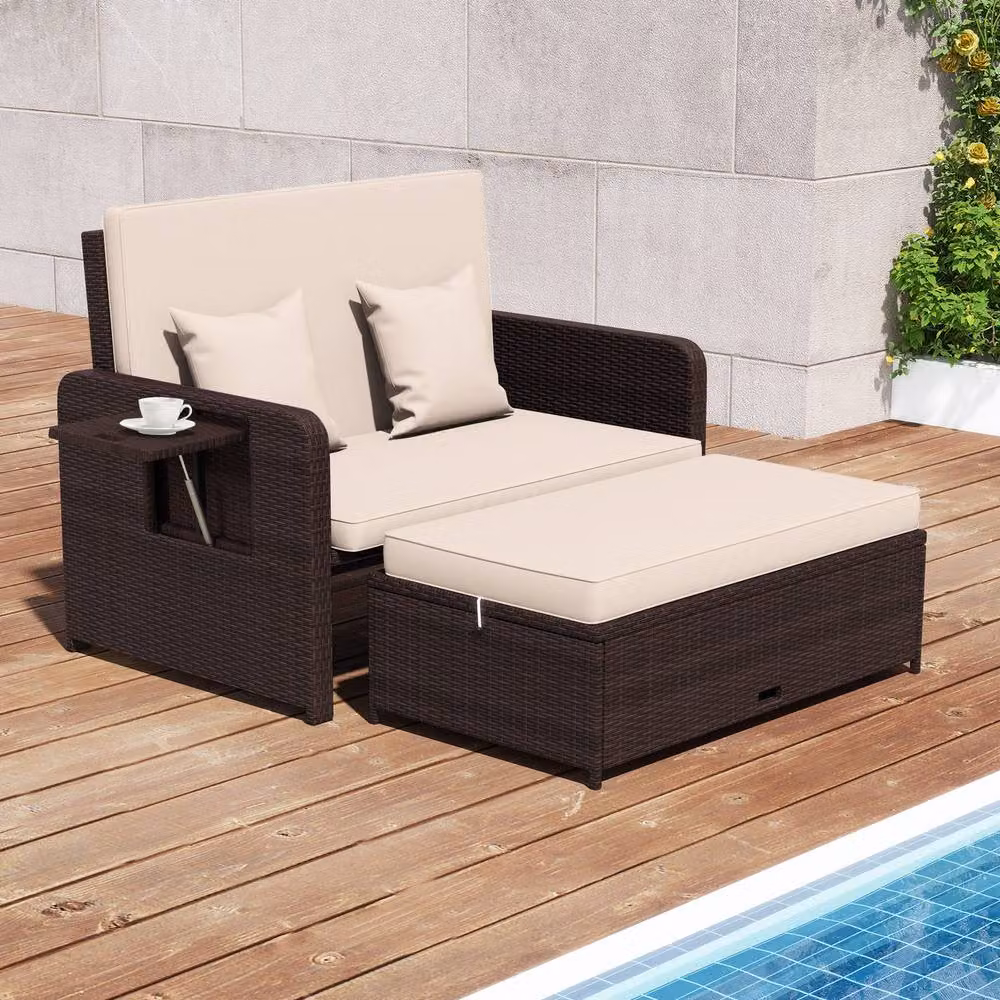 Costway Brown Polyrattan Patio Daybed Set with Loveseat Sofa, Ottoman and Side Tray – 4