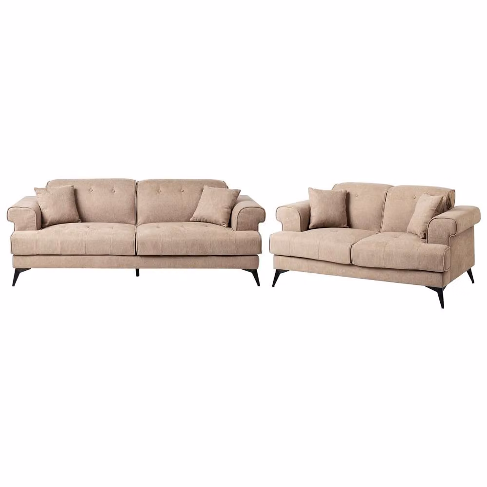 Wyld and Coco 2 and 3 Seater Sofa Set in Brown and Beige Fabric with Adjustable Headrests and Solid Wood Frame – 2