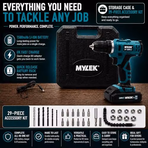 MYLEK 21V Cordless Drill Driver Set with 29-Piece Accessory Kit and Carry Case, Blue and Black – 2