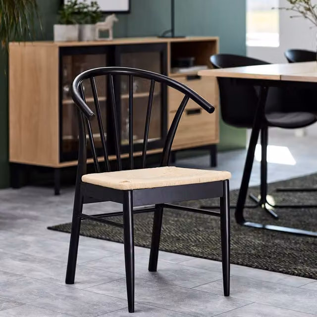 Furniture To Go Cassandra Pair of Scandinavian Dining Chairs in Black Fabric and Lacquered Oak Wood