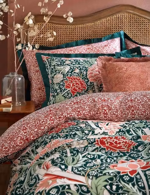 William Morris At Home Reversible Floral Cotton Pillowcases, 2 Pack, Green Multicolour