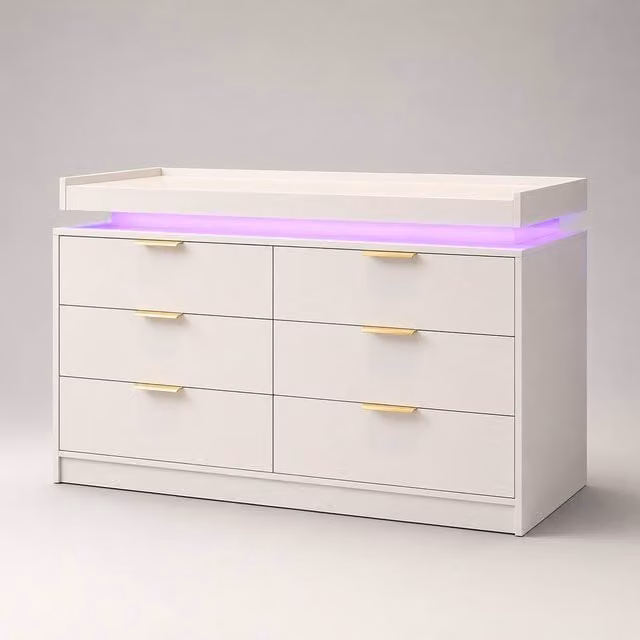 Harmin Luxury White and Gold 6-Drawer Chest with Integrated LED Lighting, W: 116 cm, D: 40 cm, H: 80 cm