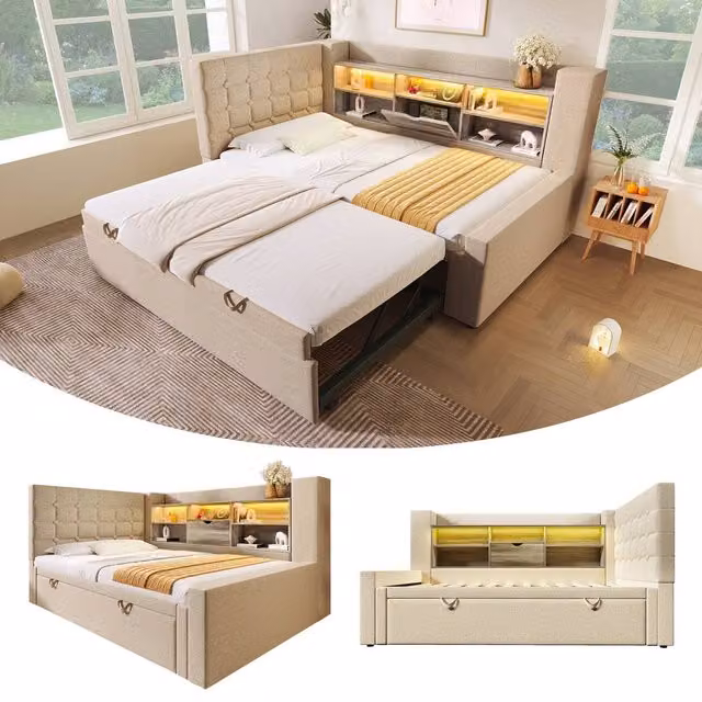 ModernLuxe Upholstered Single Bed in Beige with Pull-out Guest Bed, LED Lighting, USB Charging Port and Storage W/D/H: 90 x 190 x 107 cm