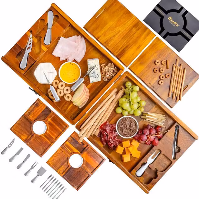 BlauKe Bamboo Cheese Board and Tool Set, Round Brown Wooden Charcuterie Board, Diameter: 38 cm, Height: 7.3 cm
