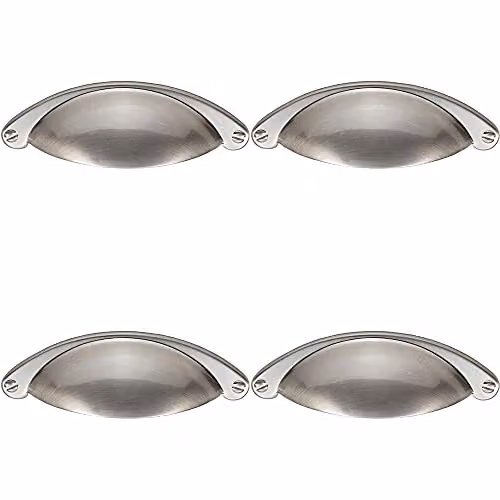 Loops 4 Pack Traditional Metal Cup Pull Handles in Brushed Silver Nickel Plated, W: 10.4 cm, H: 2.6 cm, Fixing Centres: 6.4 cm