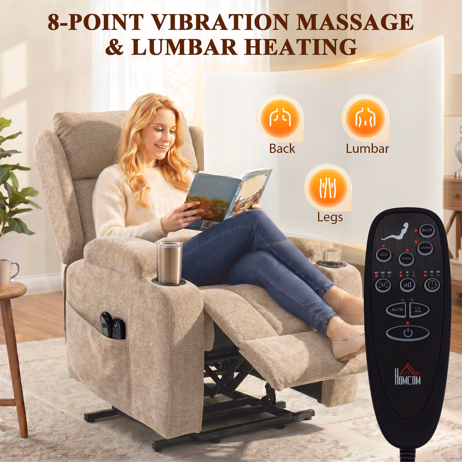 HOMCOM Power Lift Recliner Chair with Vibration Massage and Heat, Brown Chenille Riser Armchair for Seniors – 4