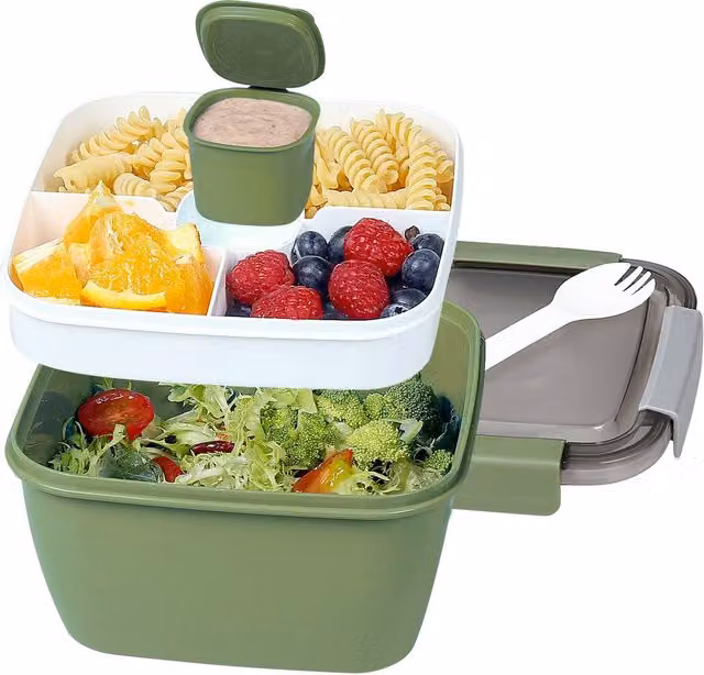 Greentainer Salad Container and Lunch Box with 3 Compartments and Spoon, Green, 52 oz – 1