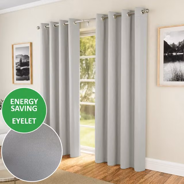 Enhanced Living Pair of Grey Plain Thermal Blackout Eyelet Curtains, Width: 137 cm