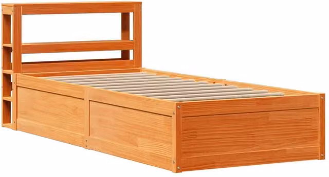 Berkfield Home Small Single Solid Wood Bed Frame with Headboard and Bedside Shelves, Wax Brown, W: 75 cm, L: 190 cm – 1