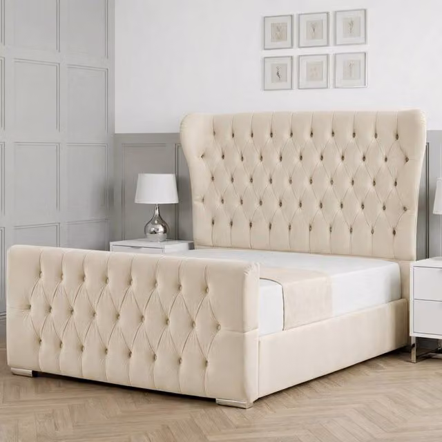 Living Comfort Bedz Velvetine Plush Velvet Upholstered Bed with Slatted Base in Beige, Size: Double (W/D/H: 140 x 200 cm)