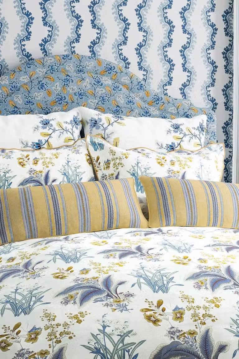 Sanderson Enys Garden Floral Cotton Percale Square Pillowcase Pair in White, Blue and Yellow