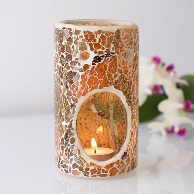 Kingsbury Gifts Brown Glass Pillar Crackle Effect Tealight Oil Burner