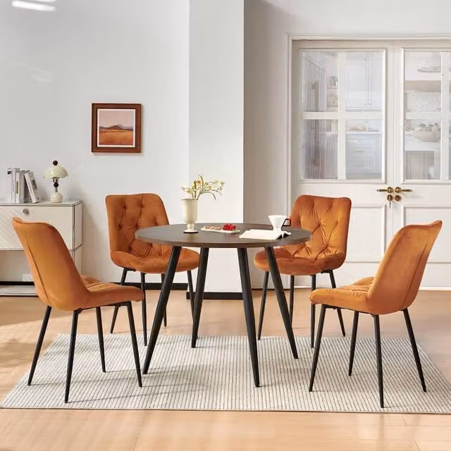 SONARA Modern Round 4 Seater Dining Set with Dark Walnut Wood Table and 4 Orange Velvet Chairs