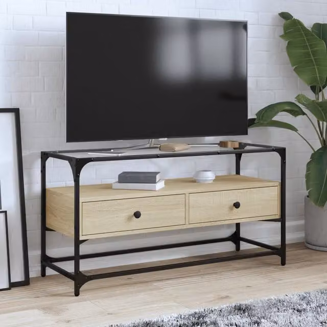 Berkfield Home TV Cabinet in Sonoma Oak and Brown with Glass Top, W/D/H: 98 x 35 x 51 cm