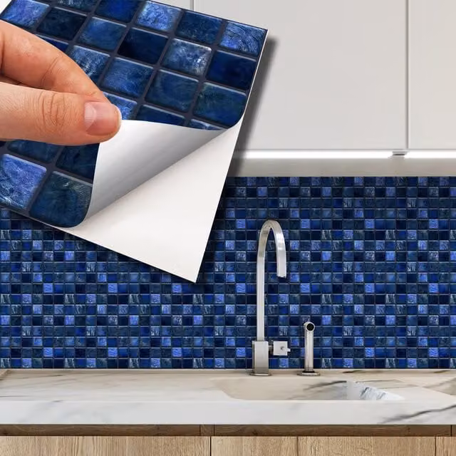 Walplus Adhesive Metallic Geometric Wall Tile Stickers in Blue and Black