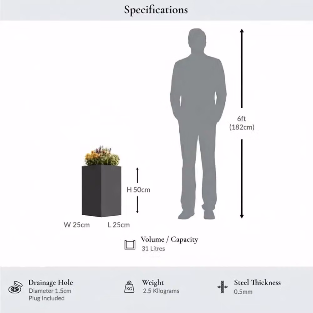 Access Garden Products Galvanised Steel Tall Square Planter, Grey, W/D/H: 25 x 25 x 50 cm – 9