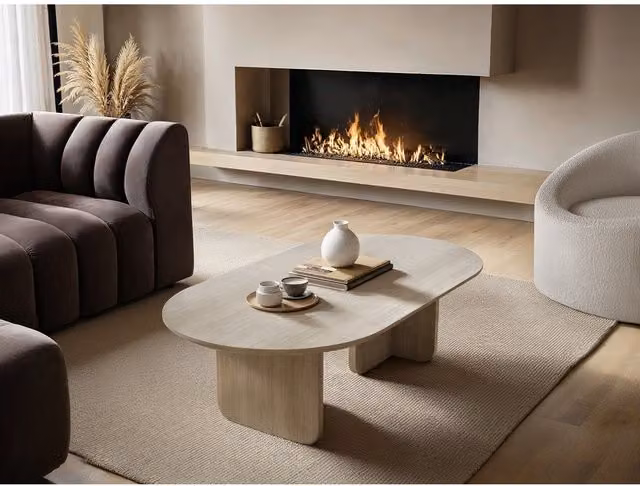SOLACE+CO Minimalist Oval Ceramic Coffee Table in Grey and Beige with Stone Effect