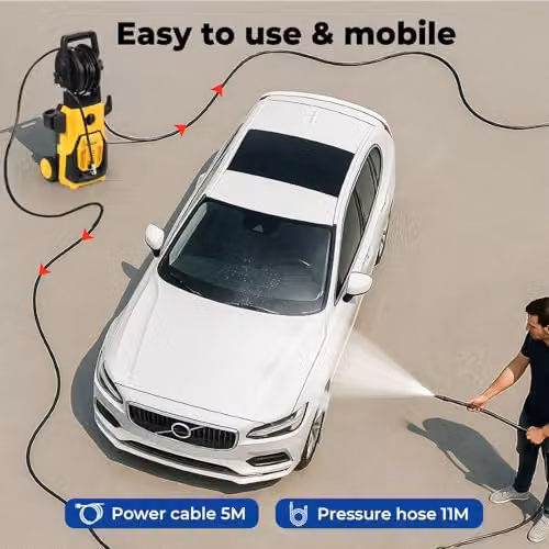 Traderight Yellow High-Pressure Washer with 1800W Motor, 135 Bar Pressure, 480 L/H Flow Rate, Adjustable Nozzle, 11m Hose and Foam Cannon – 4