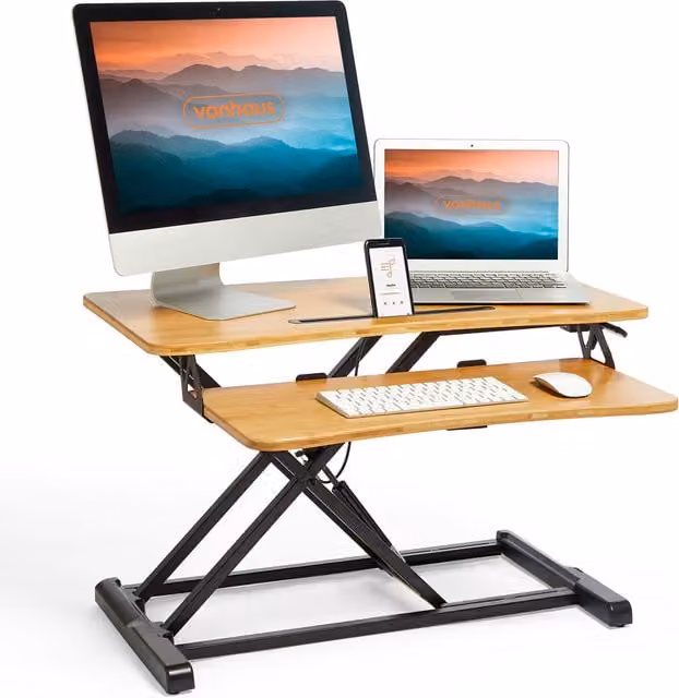 VonHaus Height Adjustable Standing Desk Converter with Keyboard Shelf in Bamboo and Brown Wood