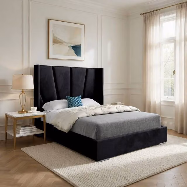 Casani Fairlight Upholstered Velvet Designer Bed Frame in Black, W/D/H: 90 x 200 x 137 cm