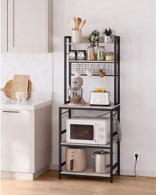 The Bazaarist Freestanding Kitchen Rack and Coffee Bar with Adjustable Shelves and Power Outlet in Greige and Ink Black