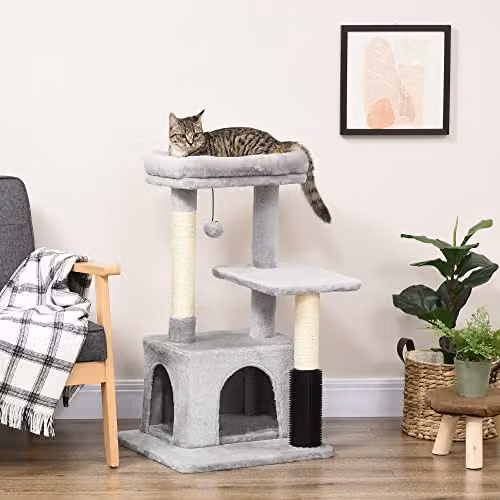 PawHut Grey Cat Tree with Condo, Cave, and Integrated Toys, H 85 cm x W 48 cm x D 48 cm – 2