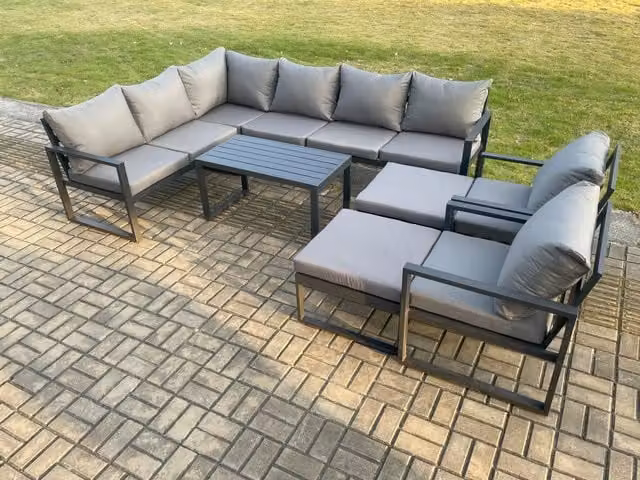 Fimous 10 Seater Modern Outdoor Lounge Corner Sofa Set in Dark Grey with Powder Coated Aluminium Frame, Oblong Coffee Table, 2 Chairs and 2 Ottomans