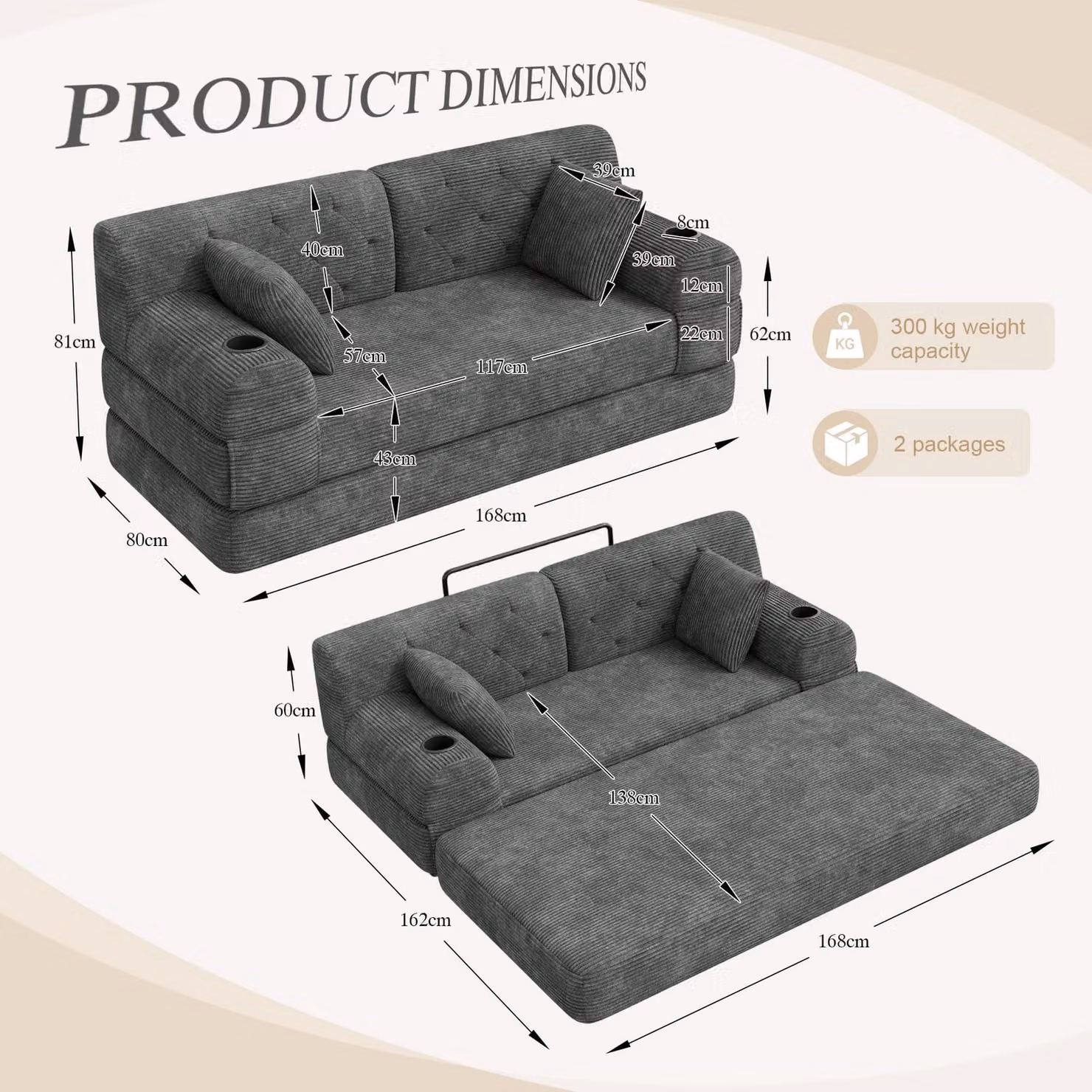 Aosom UK 2-Seater Convertible Sofa Bed with Metal Frame and High-Density Foam in Dark Gray, W: 80 cm, D: 168 cm, H: 81 cm – 3