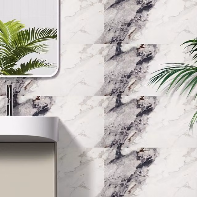 Komore 10-Piece Waterproof and Fire-Resistant Self-Adhesive Marble Wall Stickers in White, Grey and Black