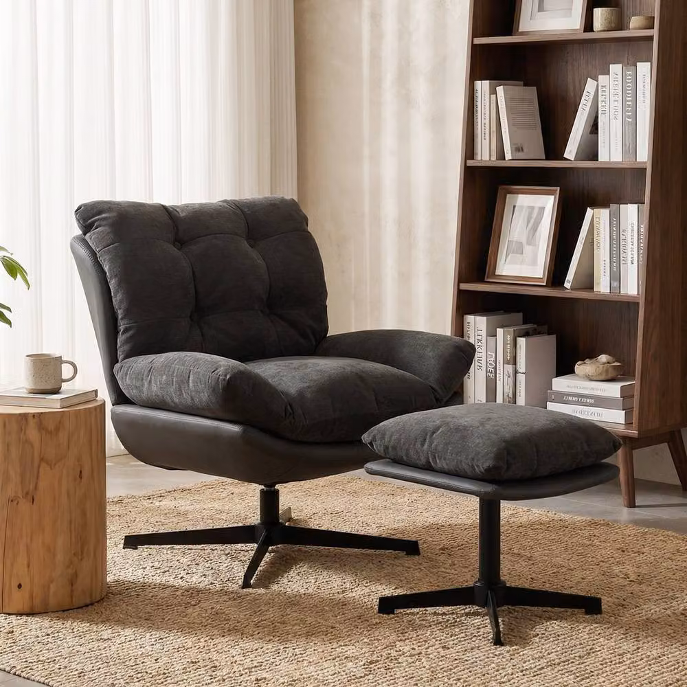 STILVORA Swivel Accent Chair with Ottoman, Grey Fabric and Metal Frame – 3