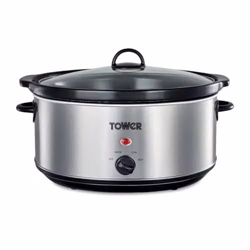Tower Slow Cooker in Silver with 6.5L Capacity, 3 Heat Settings and Dishwasher Safe Parts