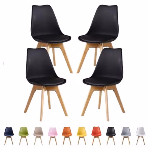 Life Interiors Tulip Dining Chairs Set of 4 with Black Synthetic Leather Padded Seats and Beech Wood Legs – 12