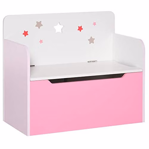 HOMCOM Kids Wooden Toy Box and Storage Bench with Safety Hinge in Pink