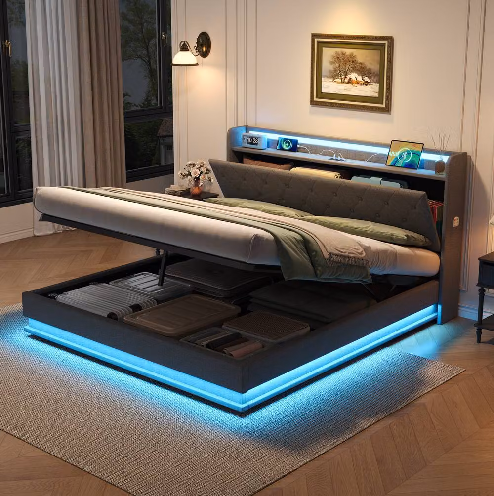 STILVORA King Size Bed Frame with Lift Up Storage, LED Lighting and USB Charging Ports in Grey – 3
