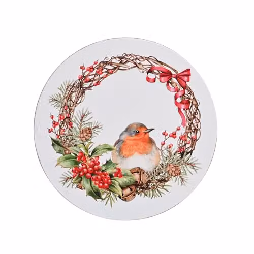 Widdop and Co Set of 4 Round Wooden Christmas Robin Coasters in Red and Multicolour with Floral Design