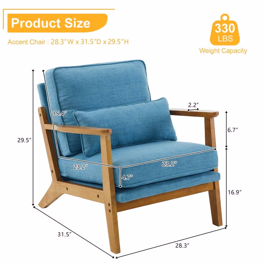 NESTLUNE Blue Mid Century Modern Armchair with Wooden Legs, W/D/H: 100 x 100 x 100 cm – 2