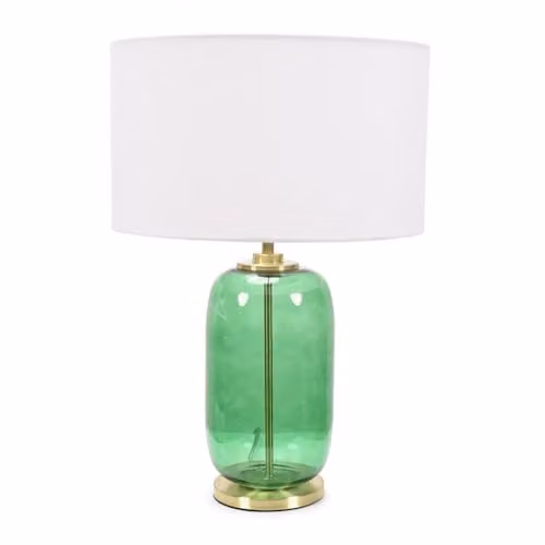 ValueLights Forest Green Glass and Gold Detail Table Lamp with White Fabric Drum Shade