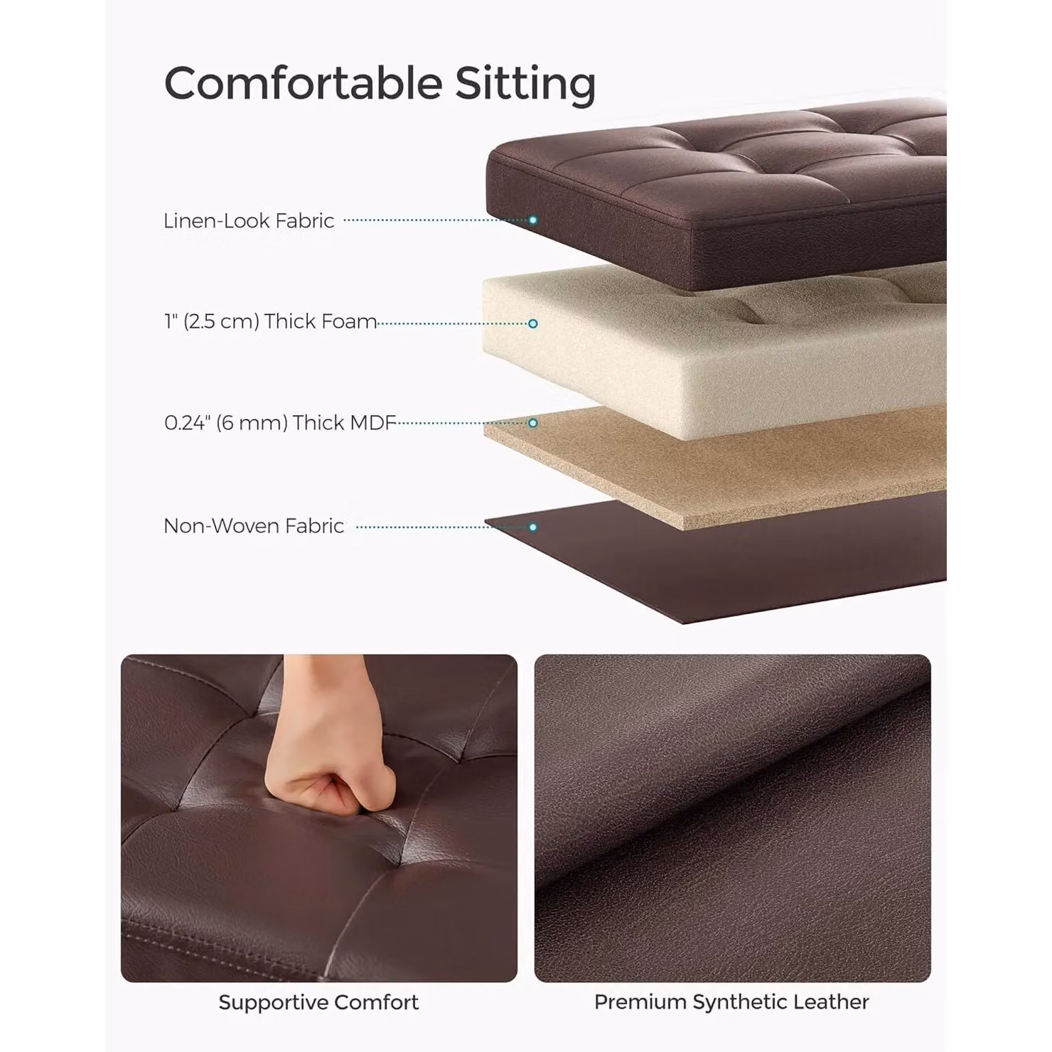 SONGMICS Small Cube Foldable Storage Ottoman and Foot Rest in Brown Synthetic Leather – 3